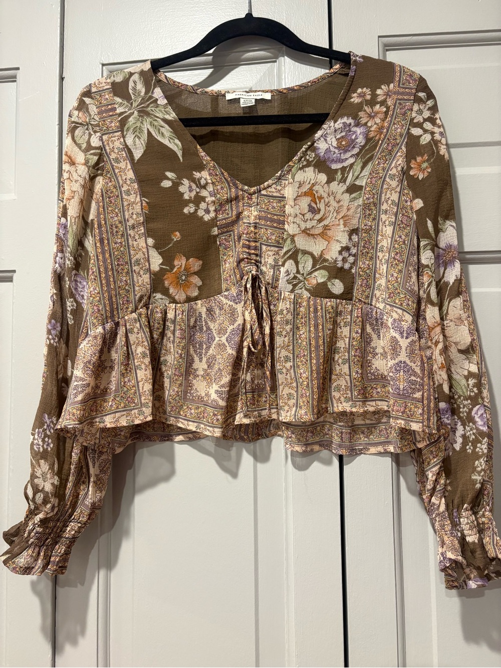 American Eagle Brown Top with Floral Trim